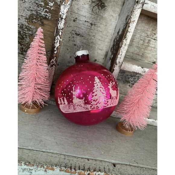 Vintage Pink Shiny Brite Glass Ornament Stencil Winter Deer Valentine Jumbo - Picture 1 of 5